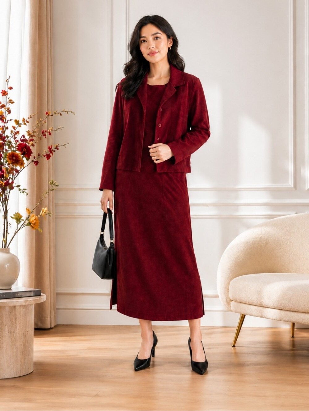 Tradition | Burgundy Red Faux Suede Vintage 1990's Dress & Jacket Suit